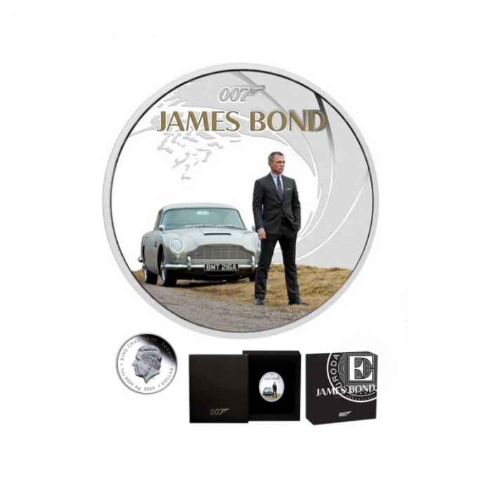 1 oz (31.10 g) silbermünze farbig PROOF  James Bond -  Daniel Craig & Aston Martin DB5, Tuvalu 2024