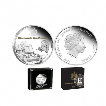 1 oz (31.10 g) sidabrinė spalvota PROOF moneta James Bond - Diamonds Are Forever 50th Anniversary, Tuvalu 2021 (su sertifikatu)