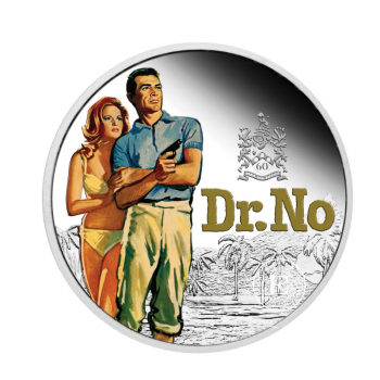 1 oz (31.10 g) sidabrinė spalvota PROOF moneta James Bond - Dr. No, Tuvalu 2022 (su sertifikatu)