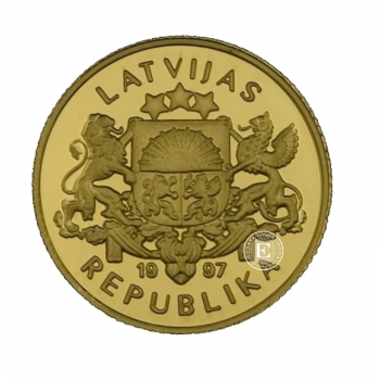 10 latų (1.24 g) auksinė PROOF moneta Mažiausia auksinė moneta pasaulyje, Latvija 1997