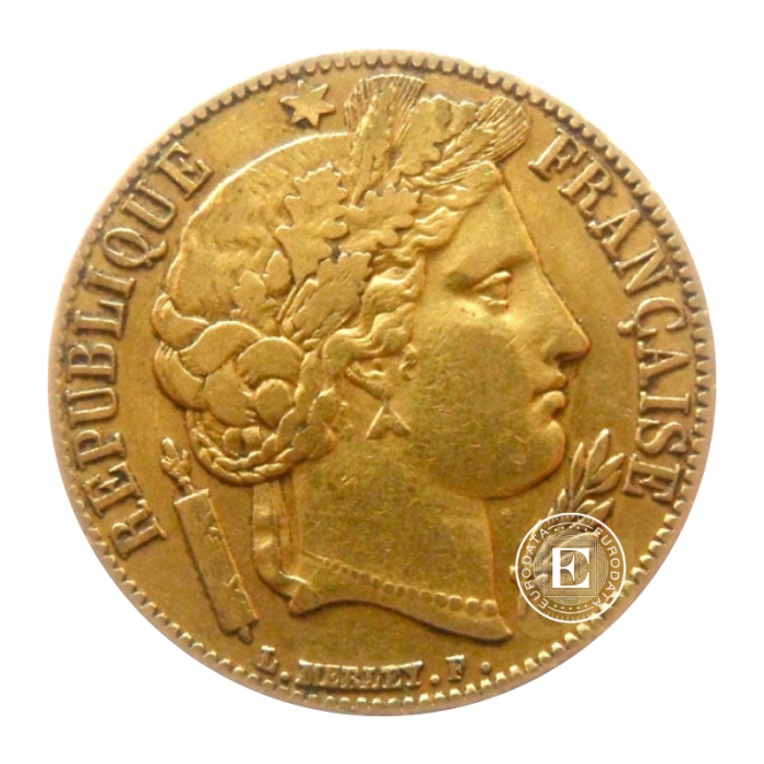 20 frankų (5.81 g) auksinė moneta Ceres, Prancūzija (atsitiktiniai metai)