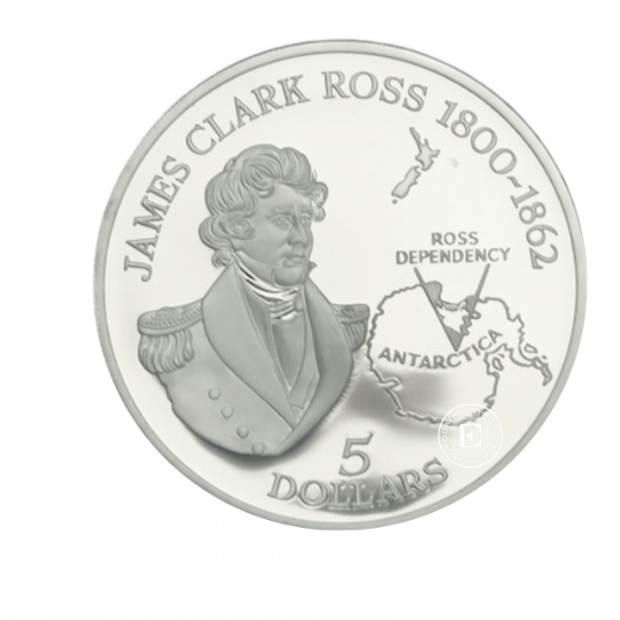 5 dollars (31.47 g) silver PROOF coin James Clark Ross - Explorer, New Zealand 1995