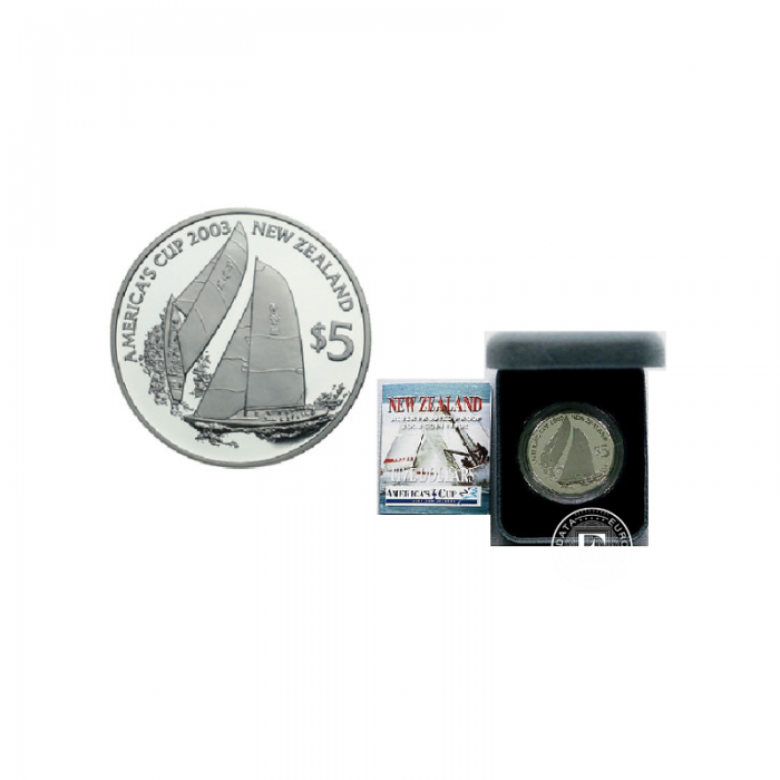 5 dolerių (28.28 g) sidabrinė PROOF moneta Amerikos taurė 2003, Naujoji Zelandija 2002