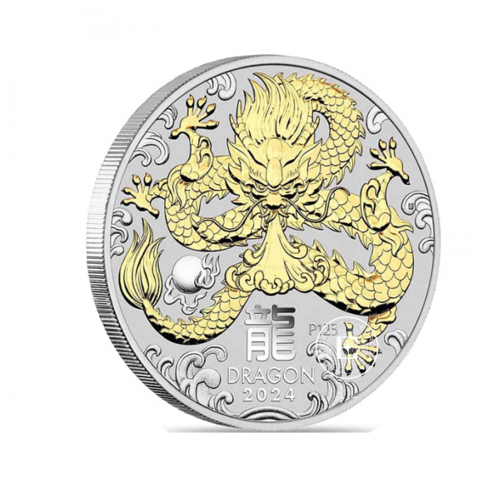 1 oz (31.10 g) srebrna moneta Lunar III - Year of the Dragon, Australia 2024 (częściowo pozłacana)