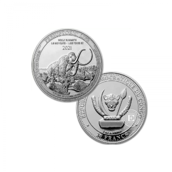 1 oz (31.10 g) sidabrinė moneta Prehistoric Life - Wolly Mamonth, Kongo Respublika 2021