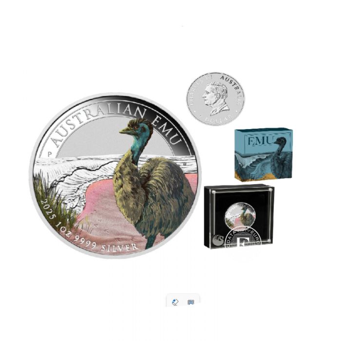 1 oz (31.10 g) sidabrinė spalvota moneta Australijos Emu, Australija 2025 (su sertifikatu)