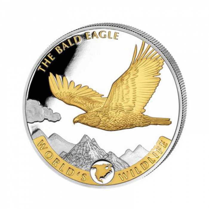 1 oz (31.10 g) srebrna moneta Congo World's Wildlife - The Bald Eagl, Republika Konga 2021 (częściowo pozłacana)