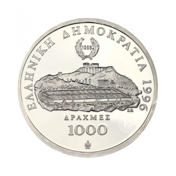 1000 dramų (33.63 g) sidabrinė PROOF moneta 100-osios olimpiados metinės - Imtynės, Graikija 1996