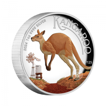 1 oz (31.10 g) sidabrinė PROOF spalvota moneta Kengūra, Australija 2024 (su sertifikatu, aukštas reljefas)