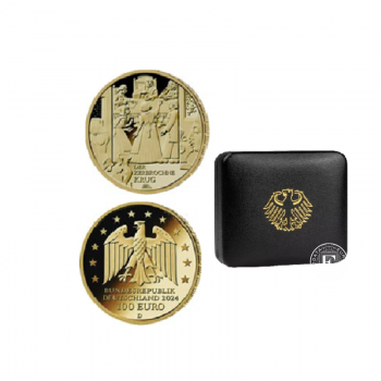 100 Eur (15.55 g) auksinė moneta Vokiečių literatūros šedevrai - Sudaužytas ąsotis -  A, D, F, G, J, Vokietija 2024 (su sertifikatu) 