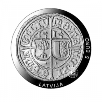 5 Eur (11 g) srebrna PROOF moneta 500 Year of Livonian ferding, Łotwa 2015