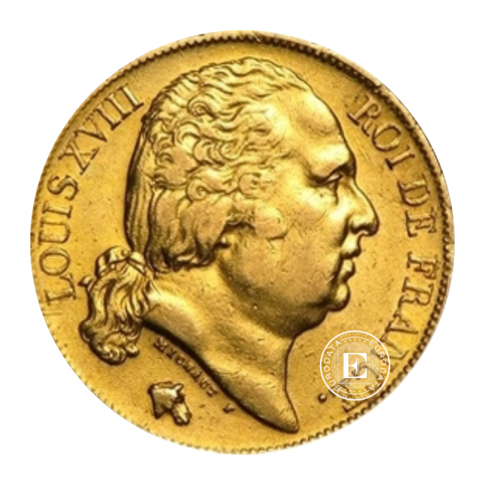 20 frankių (5.81 g) auksinė moneta Louis XVIII, Prancūzija  (1816-1824) 