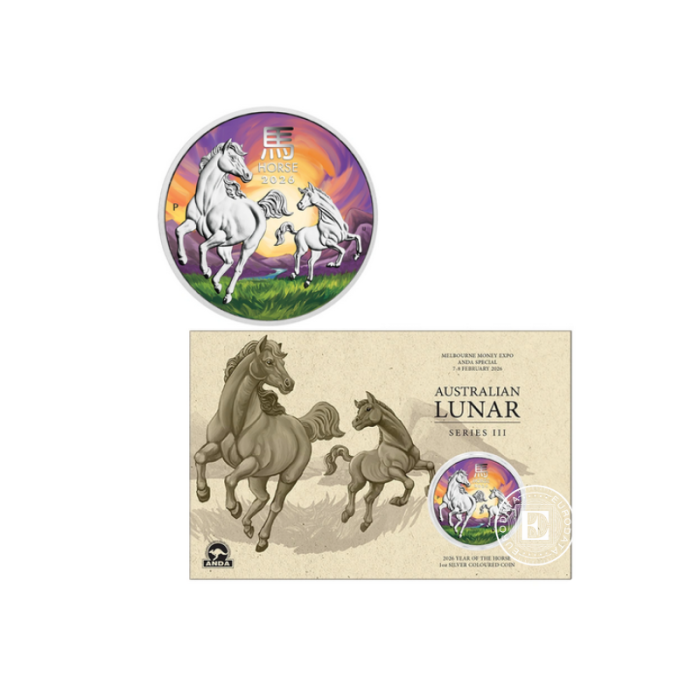 1 oz (31.10 g) srebrna kolorowa moneta na karcie Lunar II - Year of the Horse - ANDA, Australia 2026
