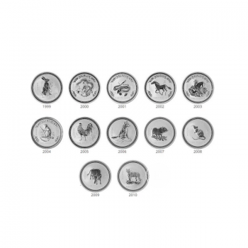 12 x 1 oz (31.10 g) sidabrinių monetų rinkinys Lunar I, Australija 1999 - 2010  (su dėžute)