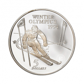 5 dolerių (31.47 g) sidabrinė PROOF moneta Žiemos olimpinės žaidynės, Naujoji Zelandija 1994