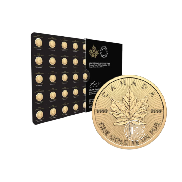 25 x 1 g auksinės monetos Maplegram - Klevo lapas, Kanada 2026