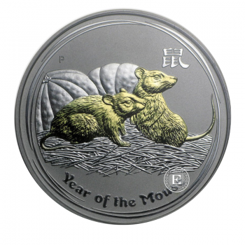 1 oz (31.10 g) sidabrinė moneta Lunar II -  Pelės metai, Australija 2008 (dalinai paauksuota)