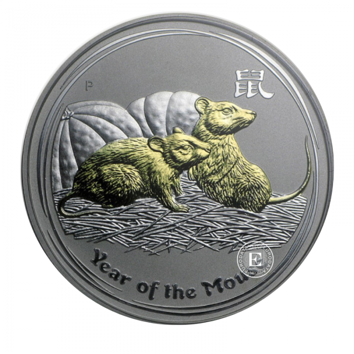 1 oz (31.10 g) sidabrinė moneta Lunar II -  Pelės metai, Australija 2008 (dalinai paauksuota)
