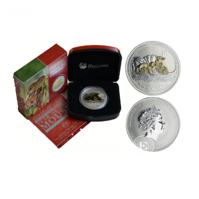 1 oz (31.10 g) sidabrinė moneta Lunar II -  Pelės metai, Australija 2008 (dalinai paauksuota)
