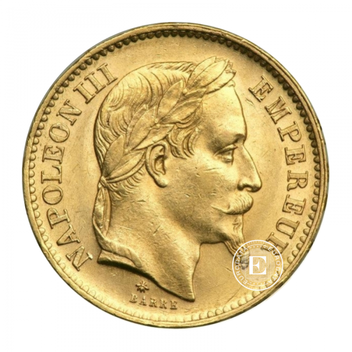 20 frankių (5.81 g) auksinė moneta Napoleon III - su karūna, Prancūzija (atsitiktiniai metai)
