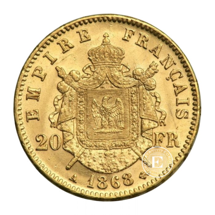 20 frankių (5.81 g) auksinė moneta Napoleon III - su karūna, Prancūzija (atsitiktiniai metai)