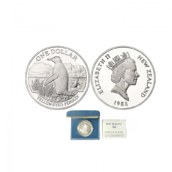 1 dolerio (27.22 g) sidabrinė PROOF moneta Geltonakis pingvinas, Naujoji Zelandija 1988