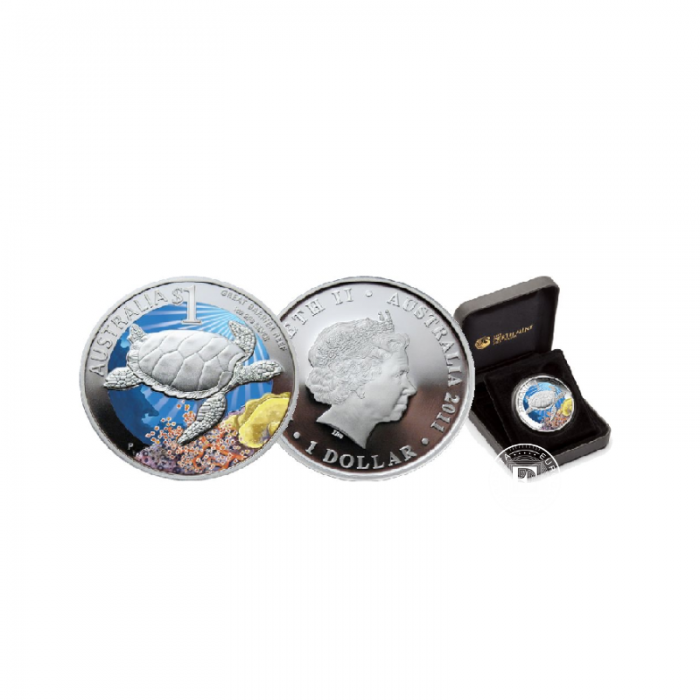 1 oz (31.10 g) sidabrinė spalvota PROOF moneta Didysis barjerinis rifas - Jūrinis vėžlys, Australia 2011 (su sertifikatu)