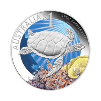 1 oz (31.10 g) sidabrinė spalvota PROOF moneta Didysis barjerinis rifas - Jūrinis vėžlys, Autralia 2011 (su sertifikatu)