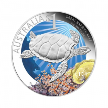 1 oz (31.10 g) sidabrinė spalvota PROOF moneta Didysis barjerinis rifas - Jūrinis vėžlys, Australia 2011 (su sertifikatu)