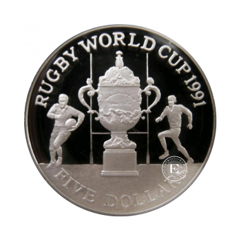 5 dolary (28.28 g) srebrna PROOF moneta Rugby World Cup, Nowa Zelandia 1991