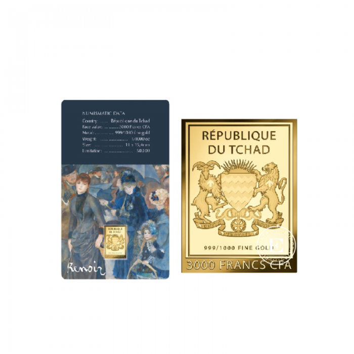 1/1000 oz lingot d'or Pierre-Auguste Renoir Paintings – The Umbrellas, Tchad