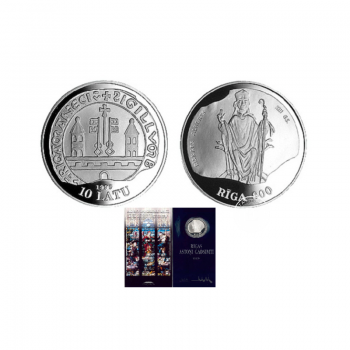 10 latų (31.47 g) sidabrinė PROOF moneta kortelėje Aštuoni Rygos šimtmečiai, Latvija 1995