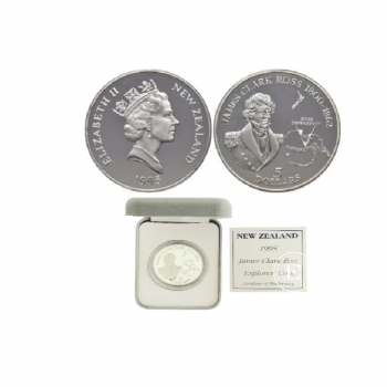 5 dolerių (31.47 g) sidabrinė PROOF moneta James Clark Ross -Tyrinėtojas, Naujoji Zelandija 1995