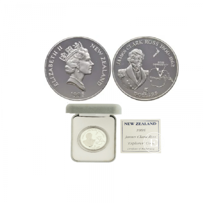 5 dollars (31.47 g) silver PROOF coin James Clark Ross - Explorer, New Zealand 1995