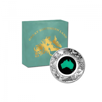 1 oz (31.10 g) pièce couleur PROOF d'argent Great Southern Land Chrysoprase, Australie 2024 (avec un certificat)