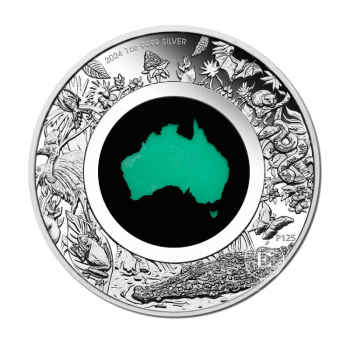 1 oz (31.10 g) pièce couleur PROOF d'argent Great Southern Land Chrysoprase, Australie 2024 (avec un certificat)