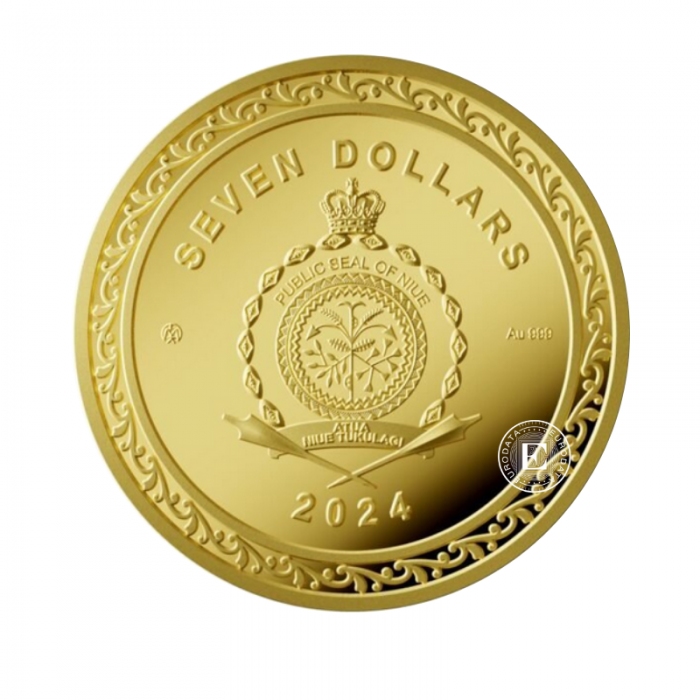 7 dolerių (7.78 g) auksinė moneta Sėkmės Moneta su deimantu, Niujė 2024 (su sertifikatu)
