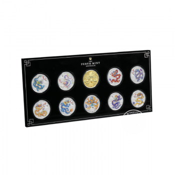 5 oz (155.50 g) sidabrinių spalvotų monetų rinkinys Lunar III -  Drakono metai, Australija 2024 (su sertifikatu)