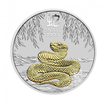 1 oz (31.10 g) sidabrinė PROOF moneta Lunar III -  Gyvatės metai, Australija 2025 (dalinai paauksuota )