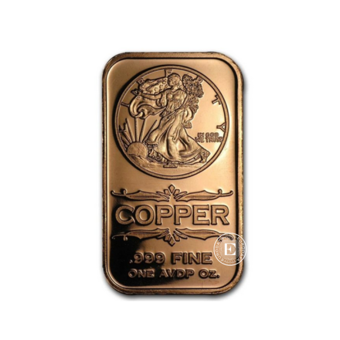 1 oz copper bar Walking Liberty, USA 999
