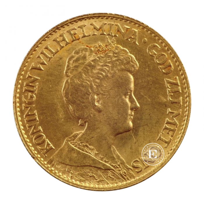 10 guldenų (6.05 g) auksinė moneta Wilhelmina, Olandija (atsitiktiniai metai)