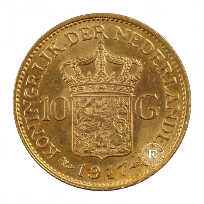 10 guldenų (6.05 g) auksinė moneta Wilhelmina, Olandija (atsitiktiniai metai)