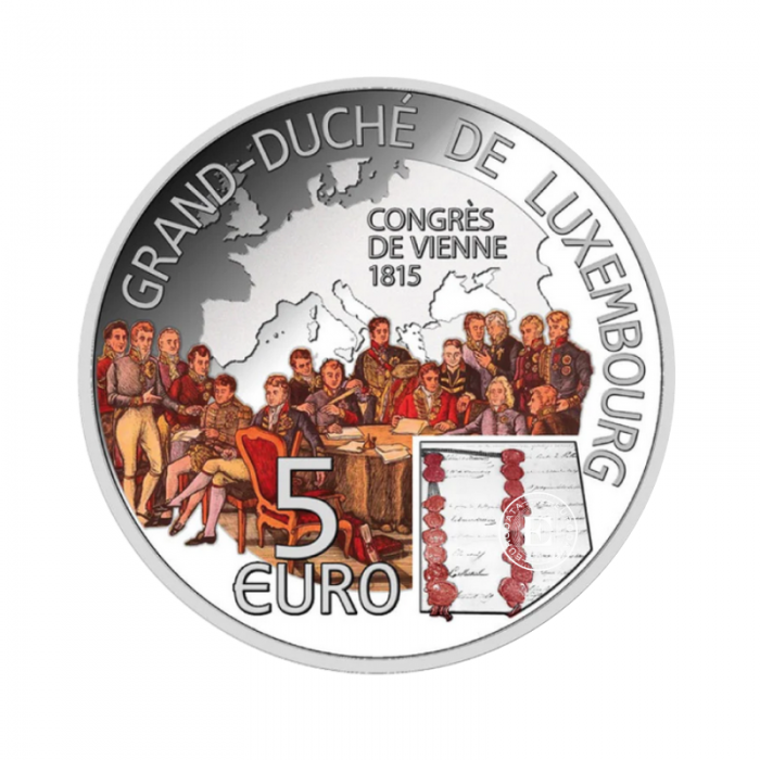 5 Eur (20 g)  srebrna kolorowa moneta na karcie Congress of Vienna, Liuksemburg 2015