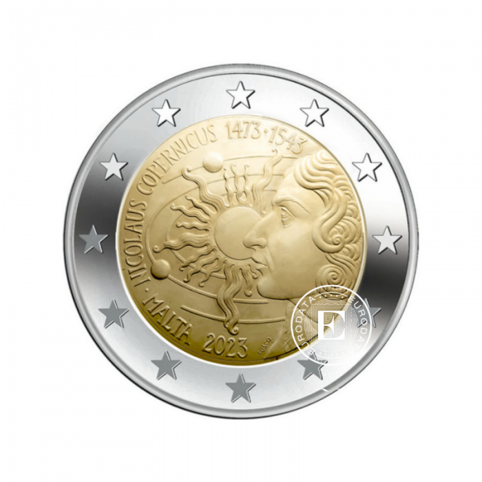2 Eur moneta na karcie Urodziny Mikołaja Kopernika, Malta 2023