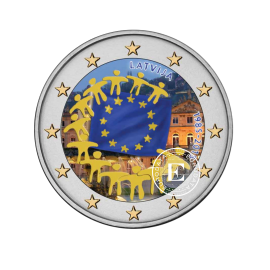 2 Eur coin colored The 30th anniversary of the EU flag, Latvia 2015