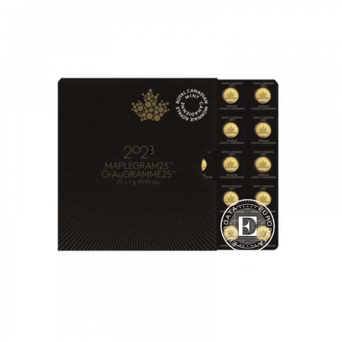 25 x 1 g auksinės monetos Maplegram, Klevo lapas, Kanada 2023