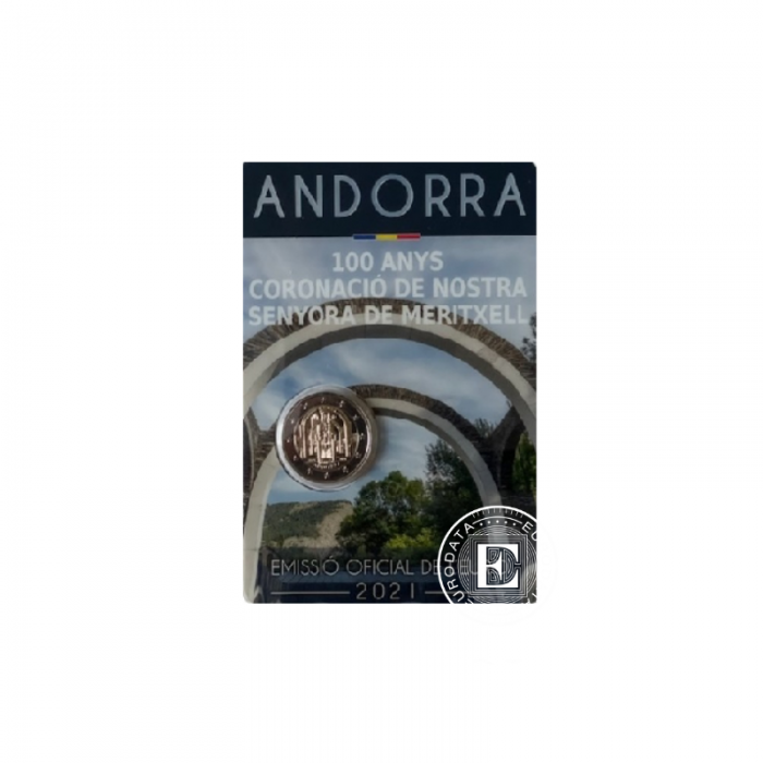 2 Eur pièce sur la carte de 100 years of the coronation of Lady of Meritxell, Andorre 2021