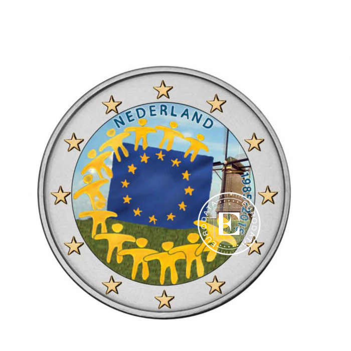 2 Eur Münze farbig 30 Jahrestag der EU Flagge, Niederlande 2015