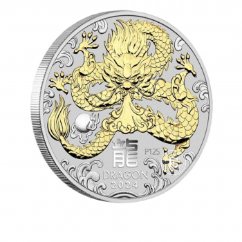 1 oz (31.10 g) sidabrinė moneta Lunar III - Drakono metai, Australija 2024 (dalinai paauksuota)