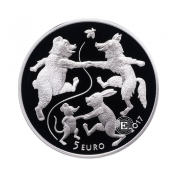 5 Eur (31.47 g) srebrna kolorowa PROOF moneta  Fairy Tale - Old man's mittenn, Łotwa 2017